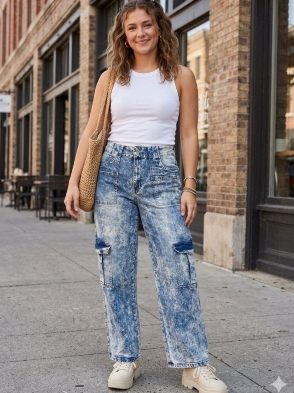 Blue Tortle Blue Justice Loose Fit Cargo Jeans - Acid Wash Blue. Size 22